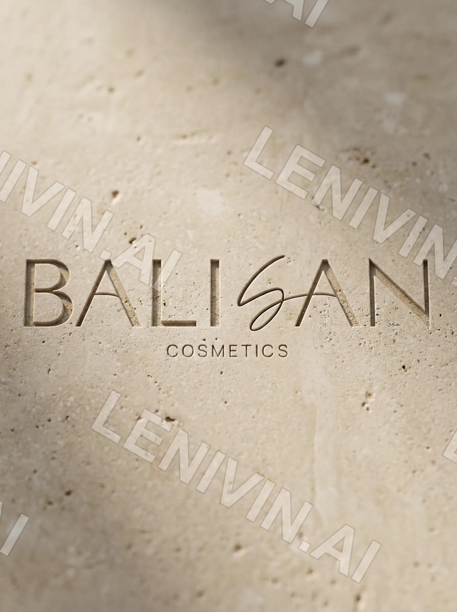 Тиснёный логотип BALISAN COSMETICS на бежевом камне, вид спереди