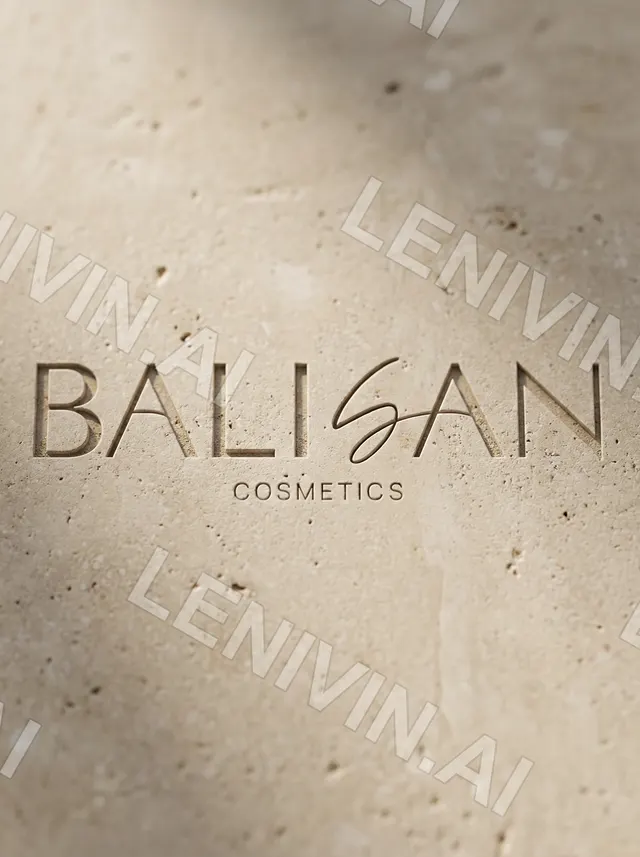 Тиснёный логотип BALISAN COSMETICS на бежевом камне, вид спереди