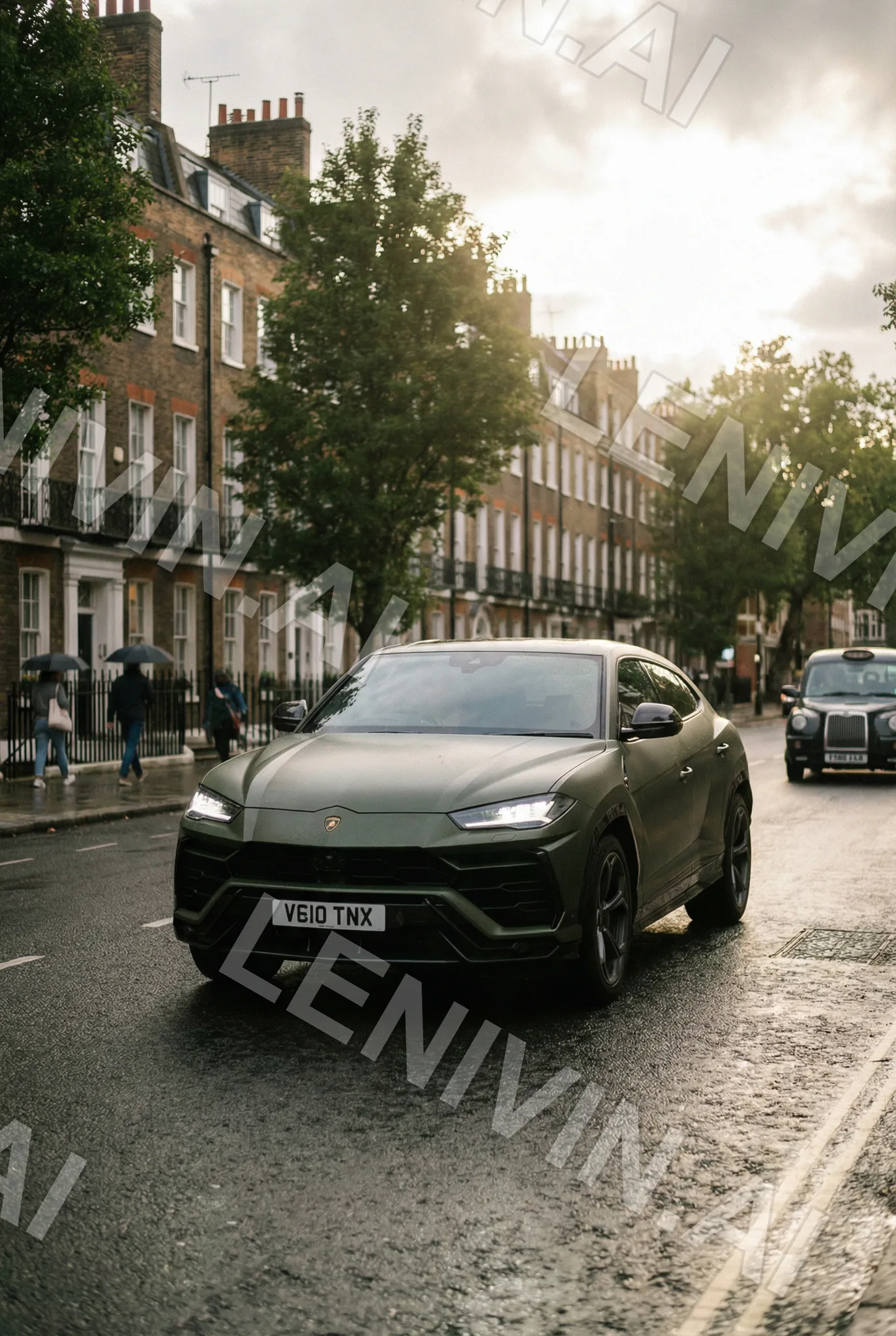 Тёмно-зелёный Lamborghini Urus едет по мокрой лондонской улице, чёрное такси позади