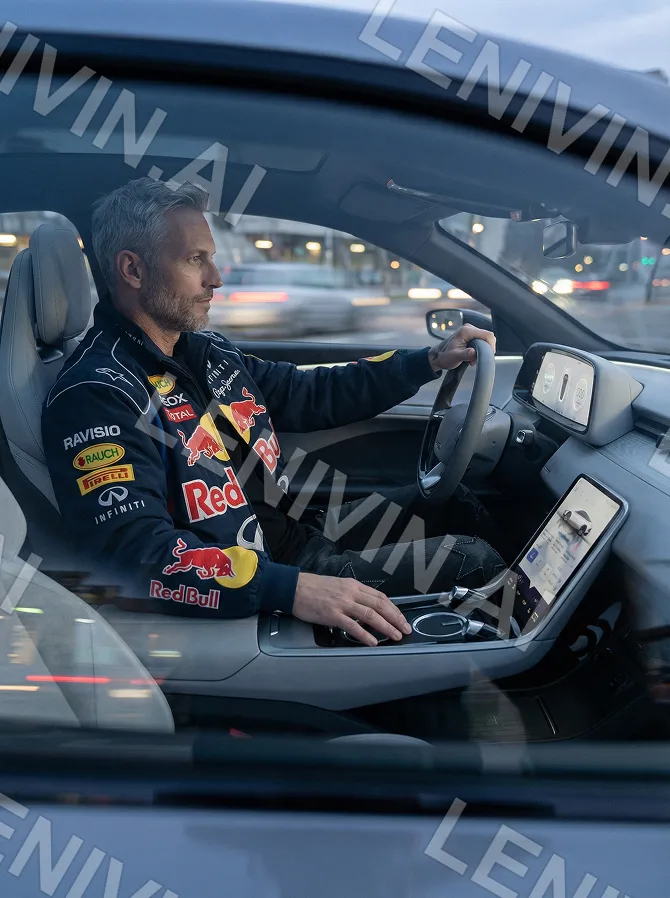 Мужчина в куртке Red Bull за рулём белого авто, вид сбоку через стекло, городские огни