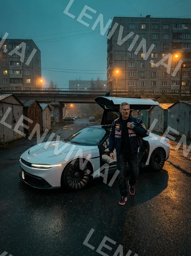 Мужчина выходит из белого авто с поднятой дверью, панельные дома и гаражи в сумерках