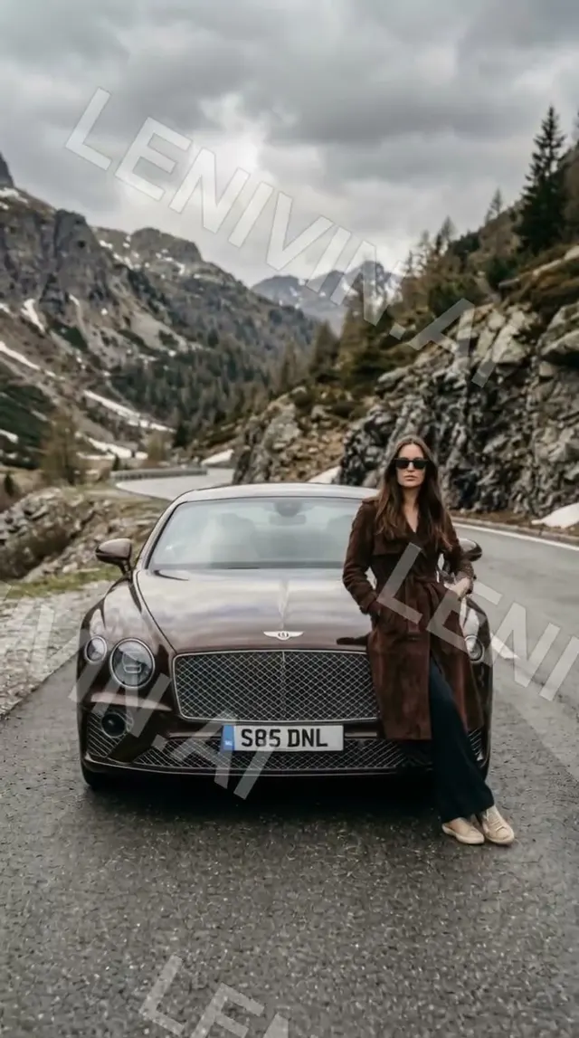 Ролик: женщина в бежевом пальто стоит у капота тёмного Bentley на горной дороге