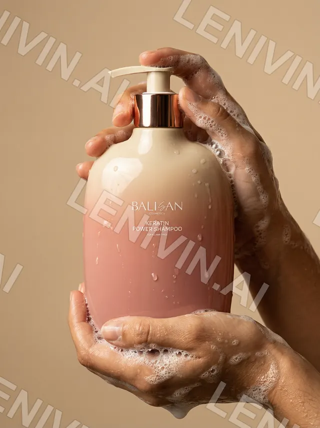 Мокрые руки в пене держат флакон шампуня Balisan Keratin Power с медной помпой на карамельном фоне