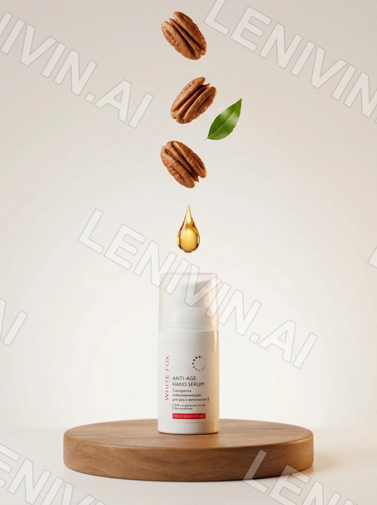 Флакон Anti-Age Hand Serum на деревянной подставке, над ним падают орехи пекан, лист и капля масла