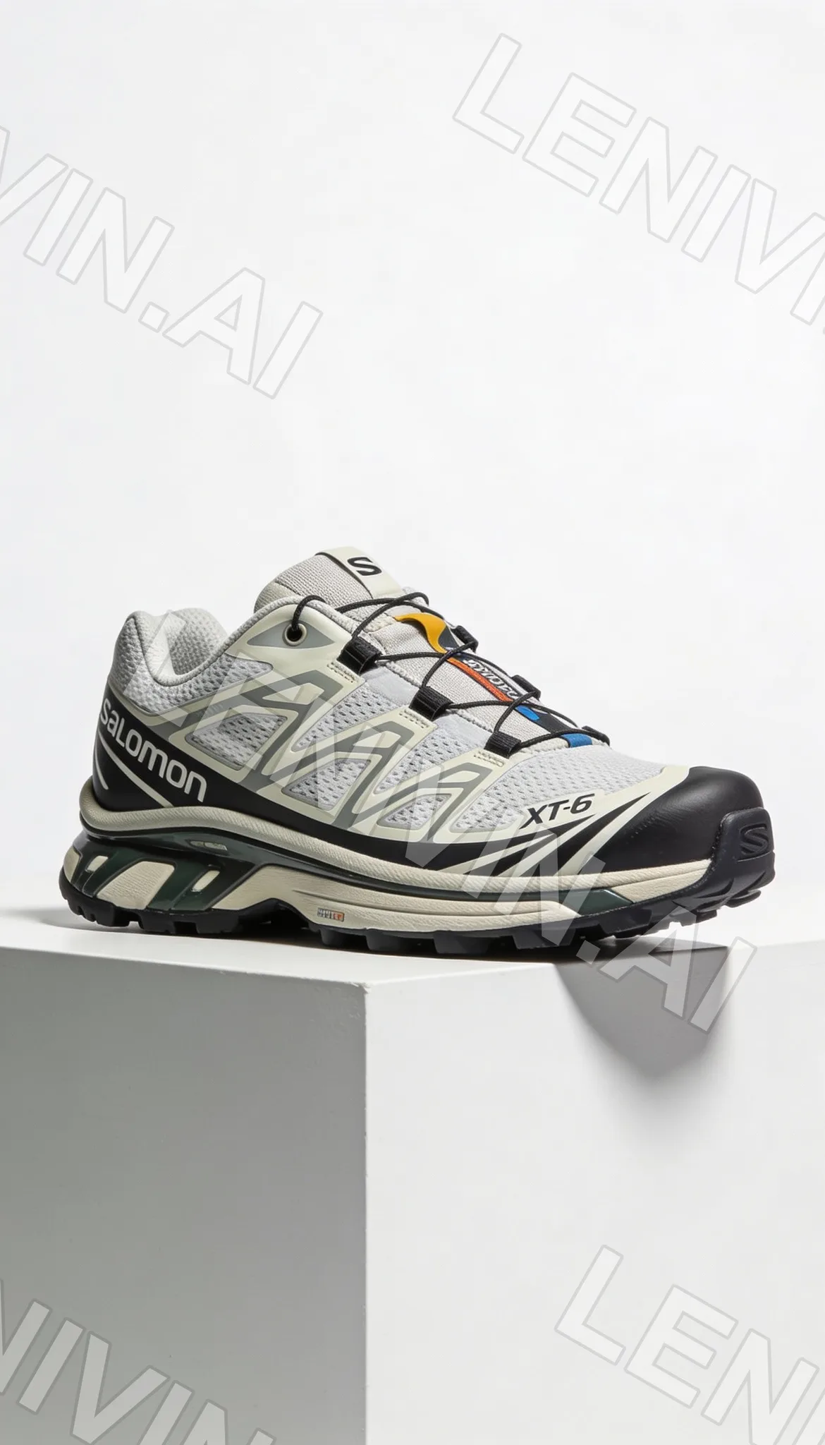 Кроссовки Salomon XT-6 в серо-бежевых тонах на белом подиуме