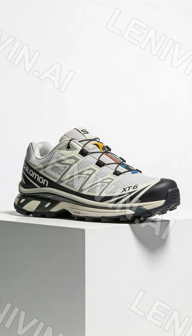 Кроссовки Salomon XT-6 в серо-бежевых тонах на белом подиуме