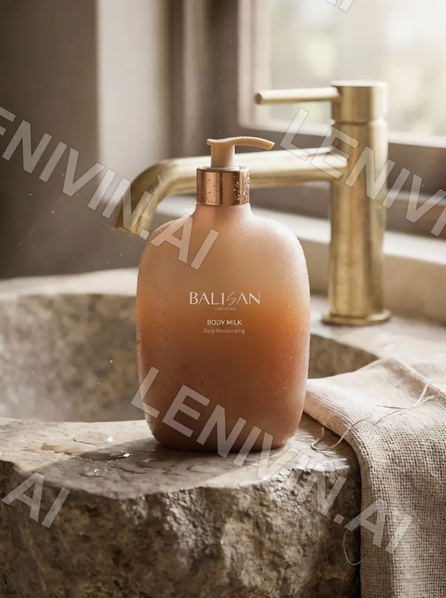 Крупный план флакона Balisan Body Milk на каменной раковине рядом с латунным краном