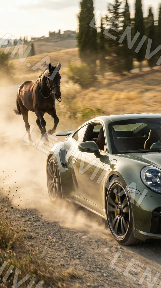 Серый Porsche мчится по просёлочной дороге в клубах пыли, рядом скачет конь