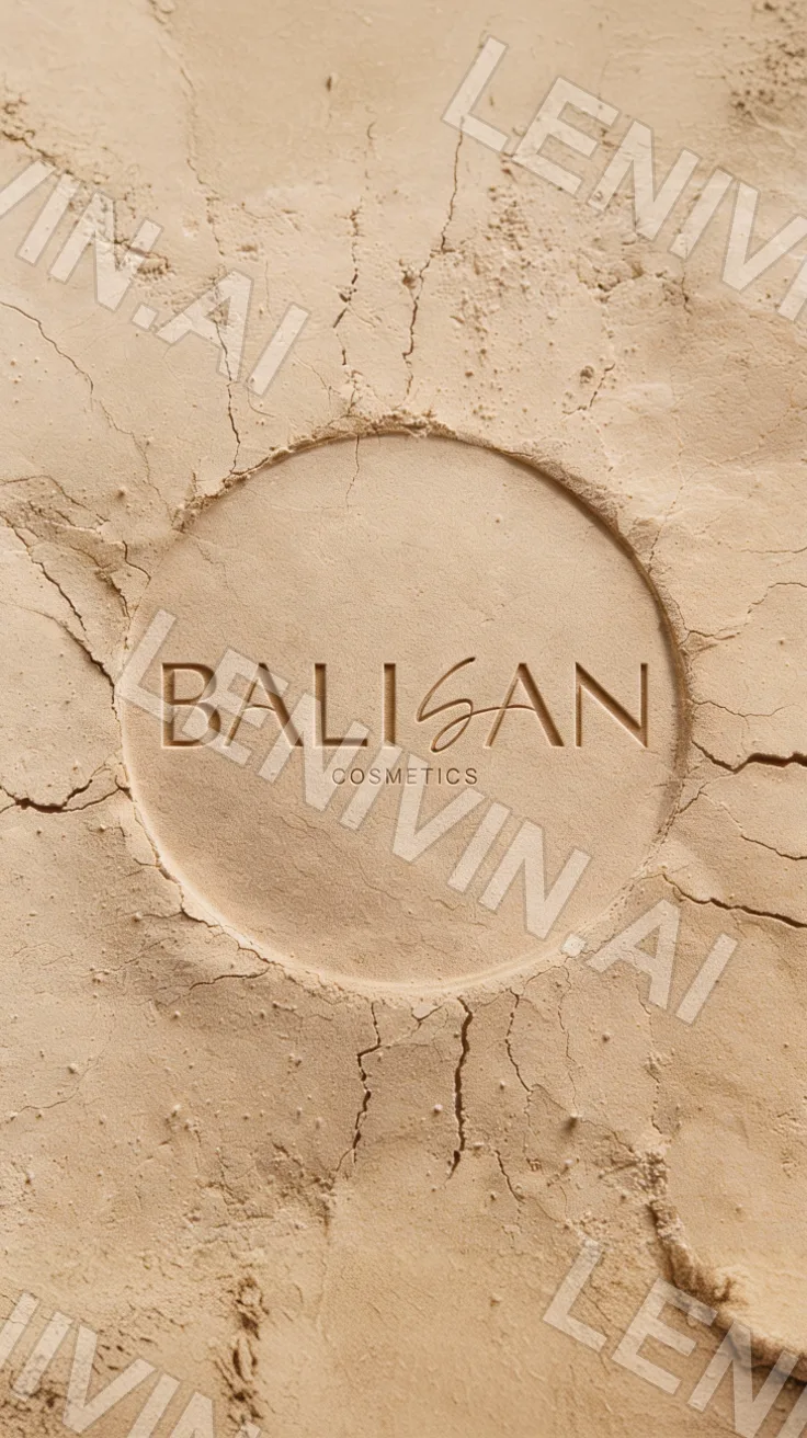Круглый оттиск логотипа BALISAN Cosmetics на потрескавшейся бежевой глине