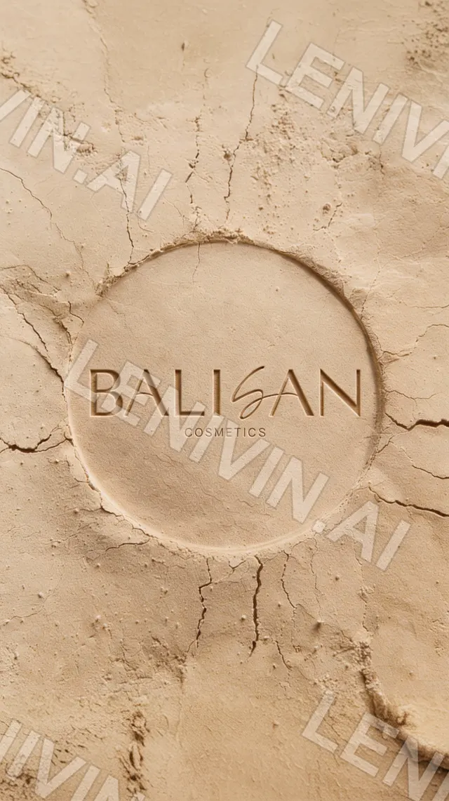 Круглый оттиск логотипа BALISAN Cosmetics на потрескавшейся бежевой глине