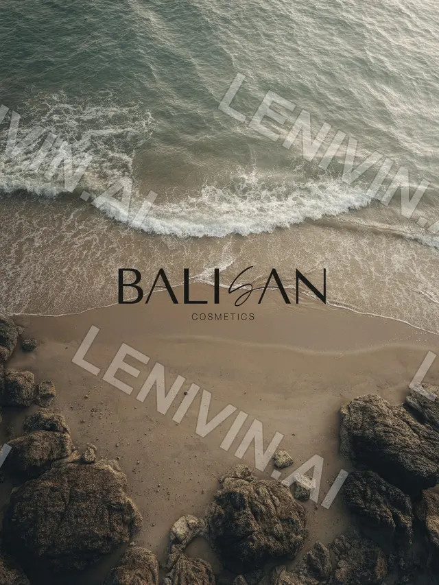 Вид сверху: волна на песчаном пляже с камнями, надпись Balisan Cosmetics