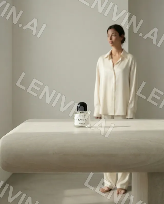 Флакон Byredo Blanche на каменной тумбе, на фоне женщина в кремовой рубашке