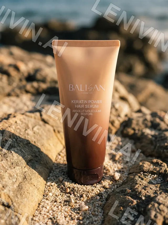 Тюбик Hair Serum Balisan стоит на камне с галькой, на фоне размытое море