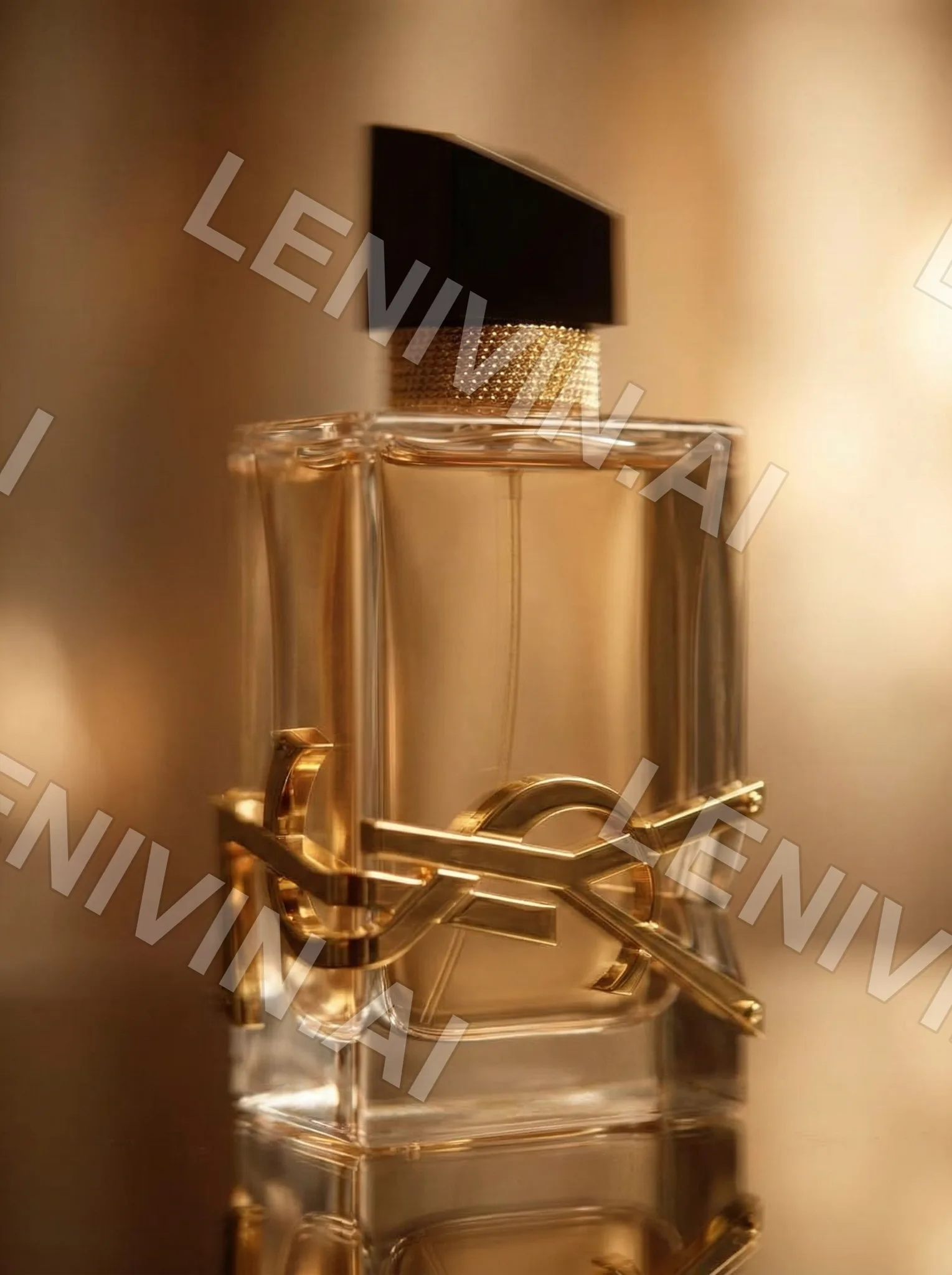 Флакон духов Yves Saint Laurent крупным планом, золотая монограмма, тёплый свет