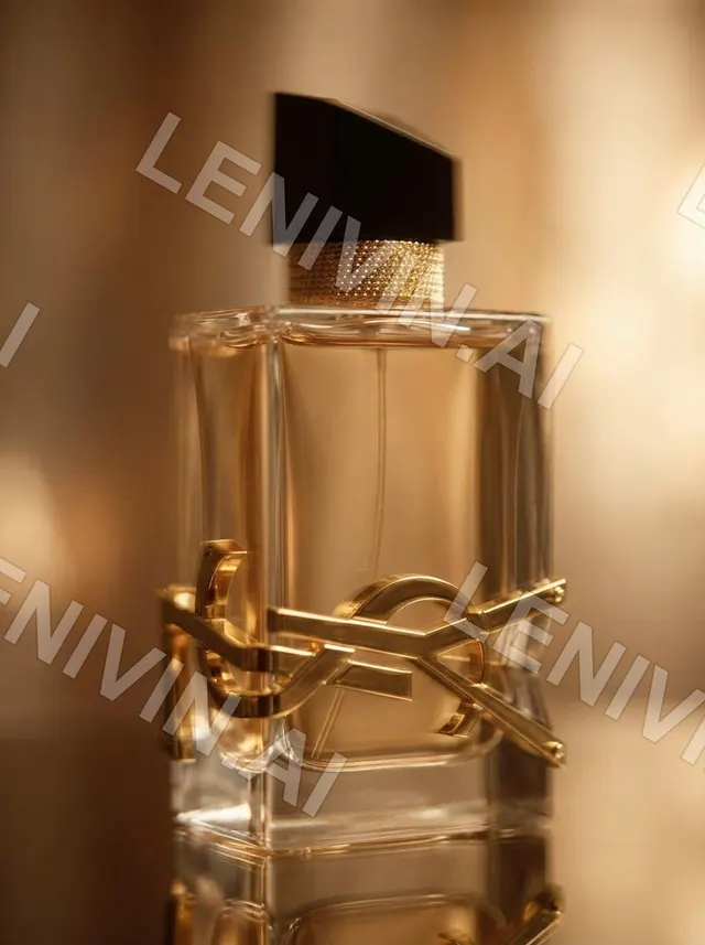 Флакон духов Yves Saint Laurent крупным планом, золотая монограмма, тёплый свет
