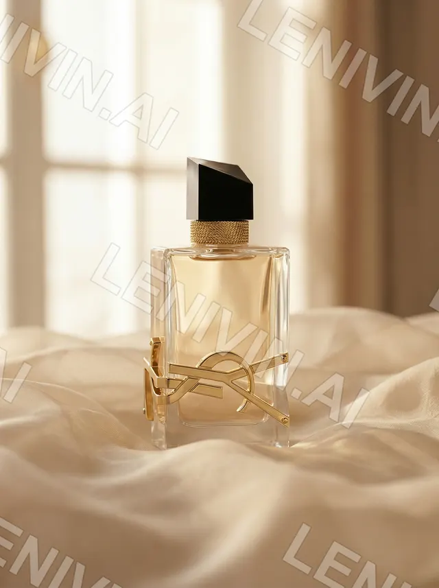 Флакон духов Yves Saint Laurent Libre на складках кремового шёлка у окна