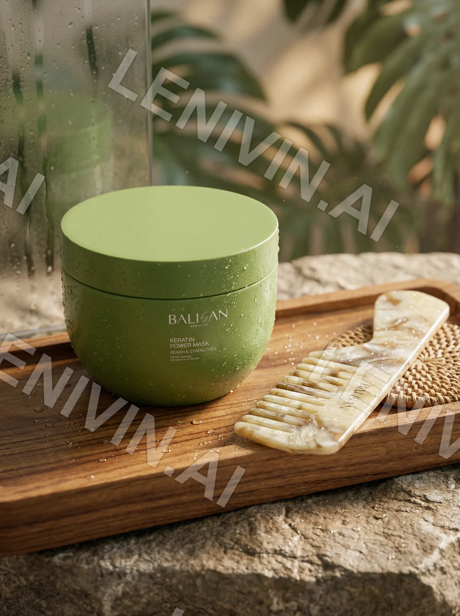 Зелёная банка Balisan Power Mask на деревянном подносе с перламутровым гребнем, листья монстеры