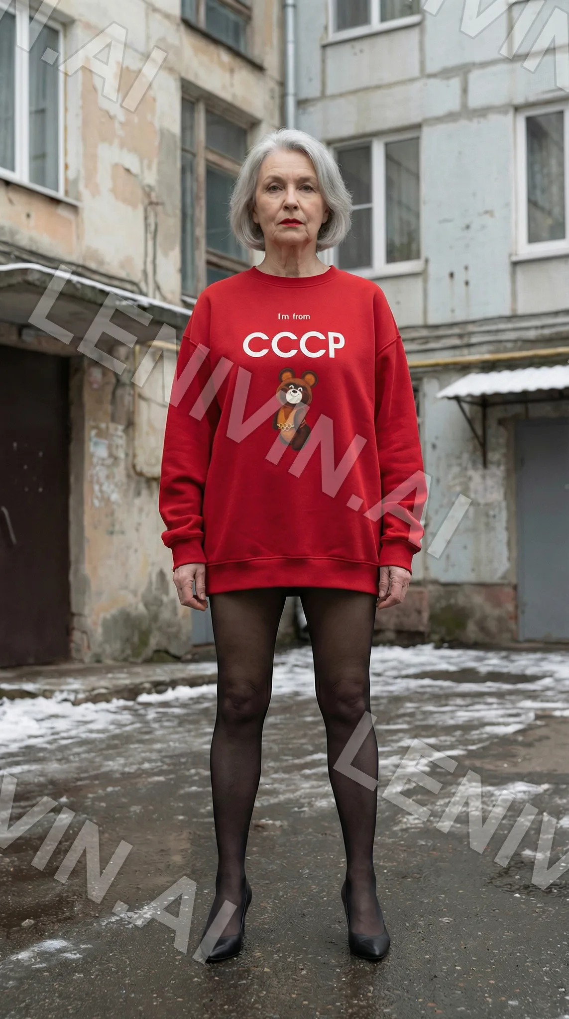 Пожилая женщина с седыми волосами в красном свитшоте СССР и чёрных колготках стоит во дворе панельного дома, лёд на асфальте