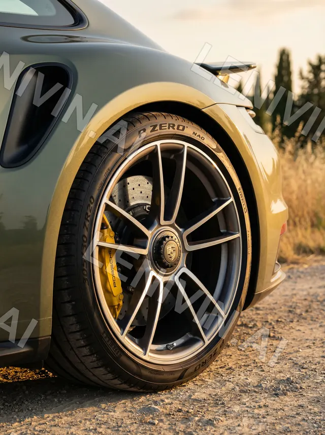 Переднее крыло оливкового Porsche с широкой шиной и жёлтым суппортом, золотая трава