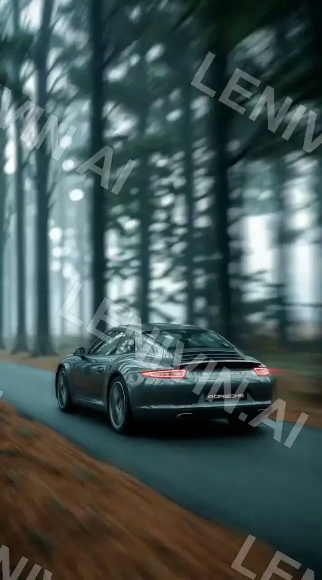 Ролик: серый Porsche 911 в движении на лесной дороге, размытые стволы деревьев, холодный свет