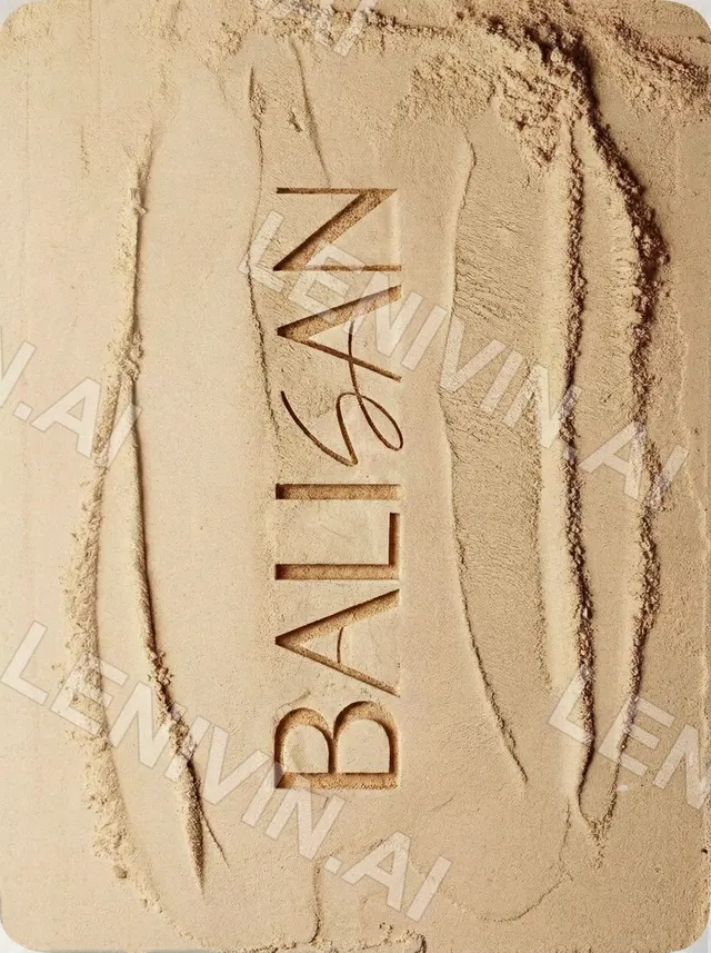 Логотип BALISAN вертикально продавлен в светлом песке, борозды вдоль букв