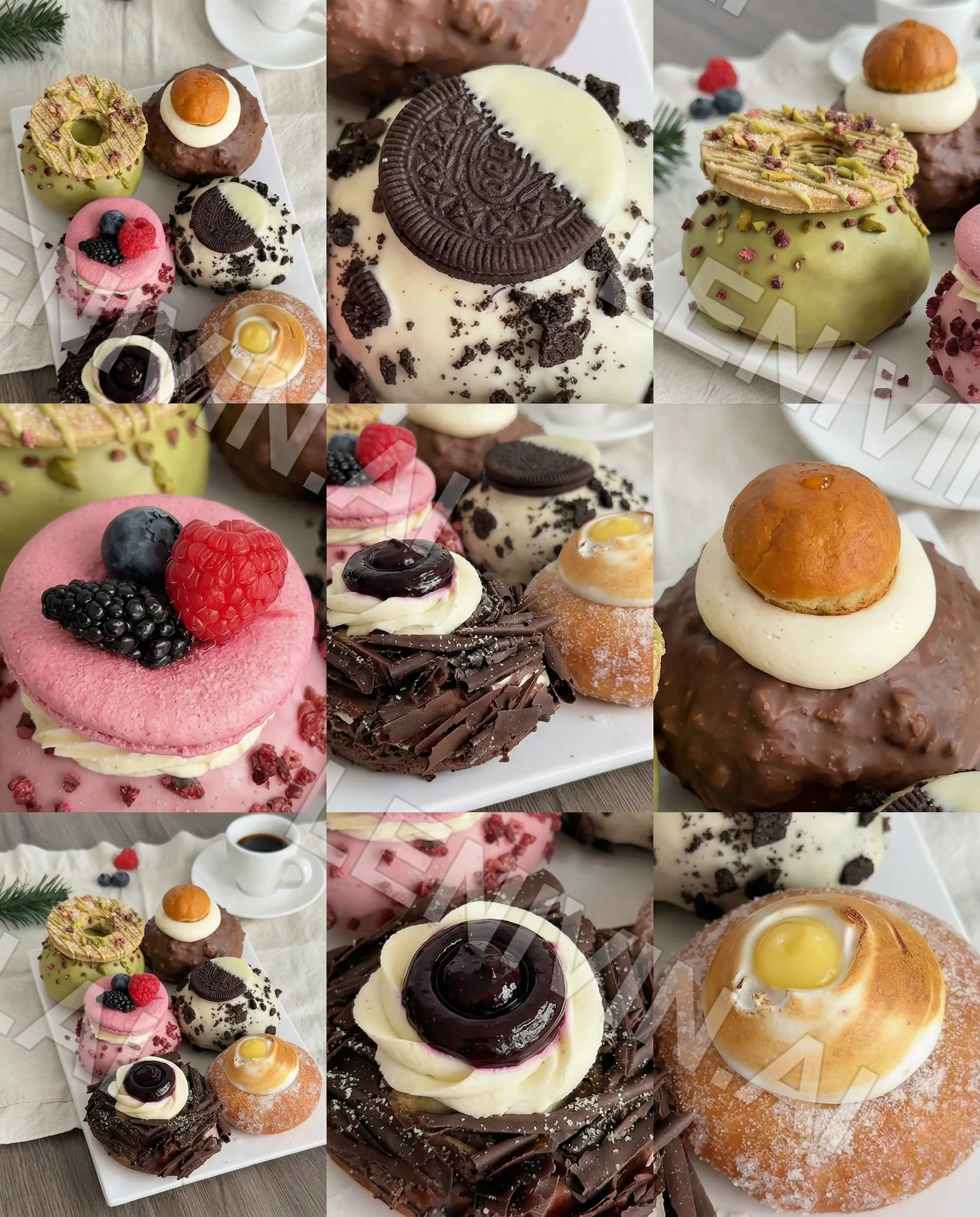 Коллаж фото пончиков: с Oreo, ягодами, фисташкой, шоколадом и яичным кремом