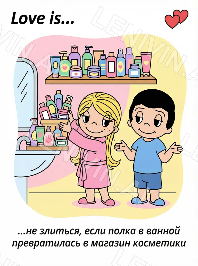 Открытка «Love is…»: девочка в розовом халате и мальчик у ванной полки, уставленной баночками и флаконами косметики