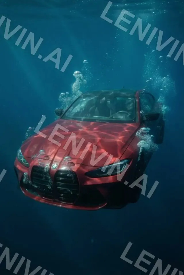 Ролик: красный BMW под водой с пузырями воздуха, тёмно-синий фон