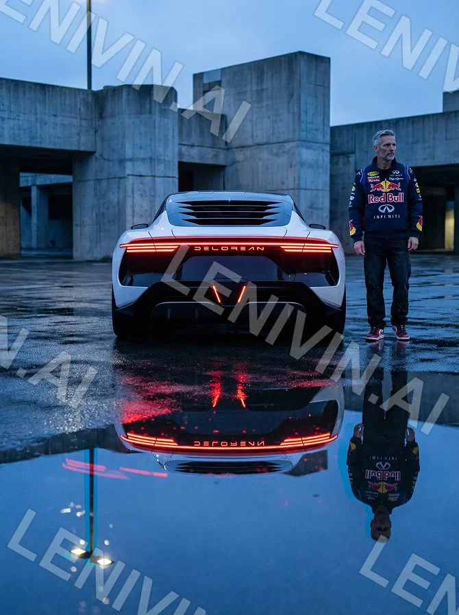 Мужчина в куртке Red Bull у белого спорткара сзади на фоне бетонных зданий, лужа
