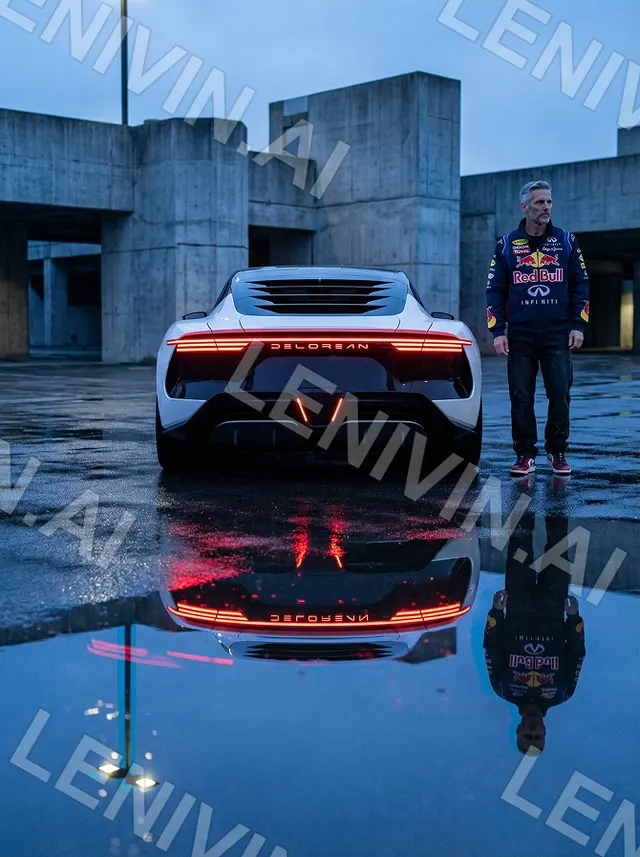 Мужчина в куртке Red Bull у белого спорткара сзади на фоне бетонных зданий, лужа