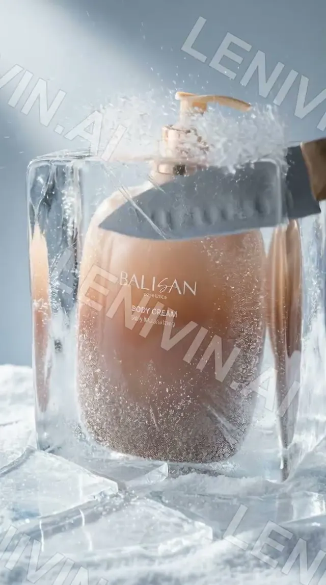 Ролик: флакон BALISAN Body Cream, скованный льдом, с брызгами льда и ножом