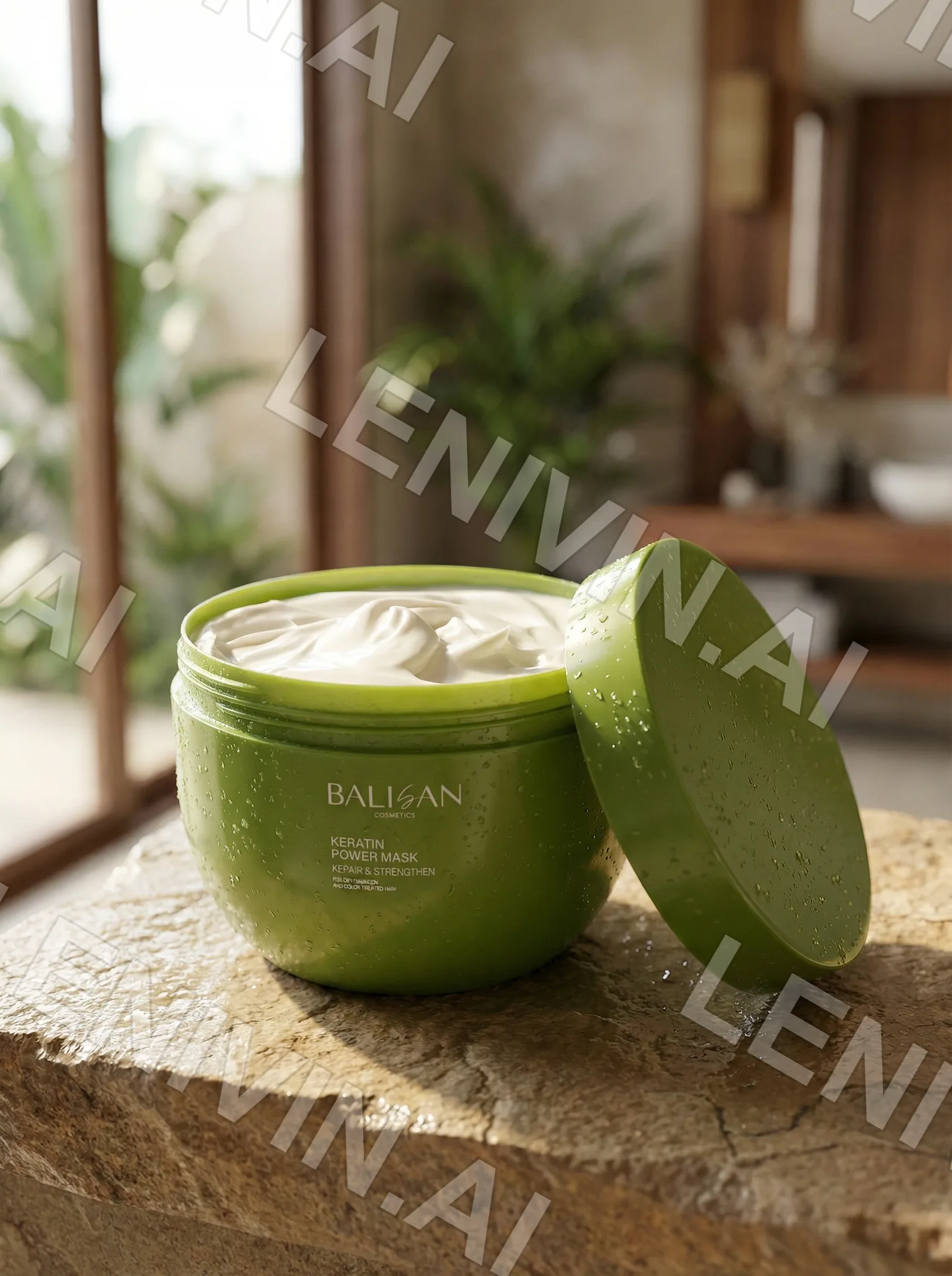 Открытая зелёная банка маски Balisan Keratin Power Mask на камне, ванная комната