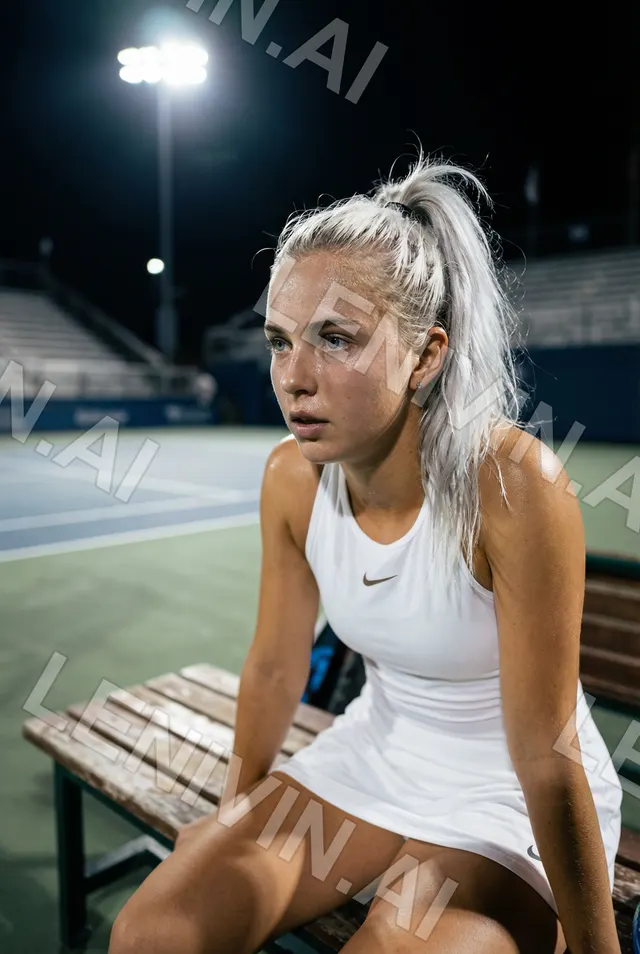 Блондинка с хвостом в белом теннисном платье Nike сидит на скамье у корта, вечерний свет прожекторов