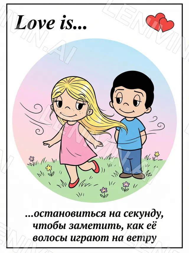 Открытка Love is: девочка и мальчик на лугу, подпись про волосы на ветру
