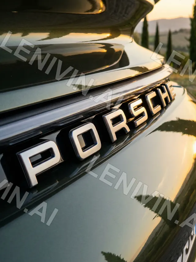 Надпись PORSCHE на корпусе автомобиля, золотистый свет и кипарисы позади