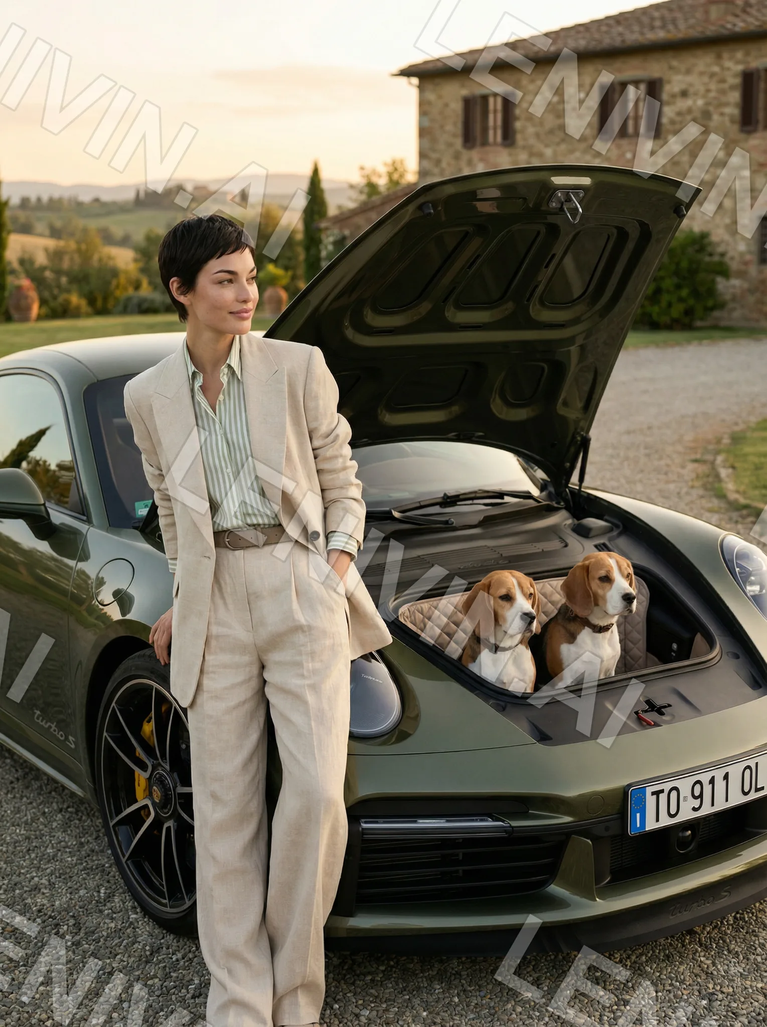 Девушка в бежевом костюме стоит у оливкового Porsche с открытым багажником, в нём два бигля