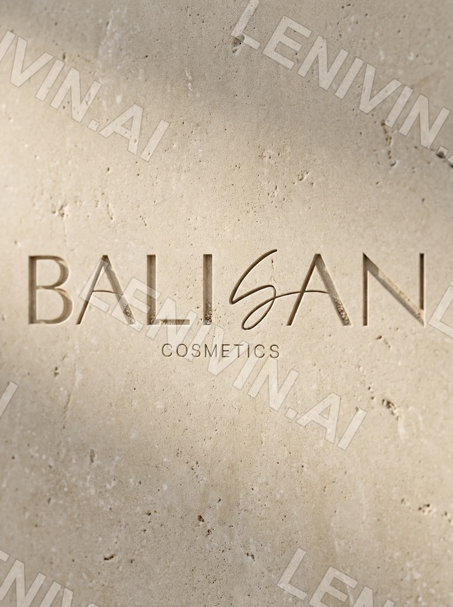 Выдавленный на камне логотип BALISAN Cosmetics на песочной поверхности