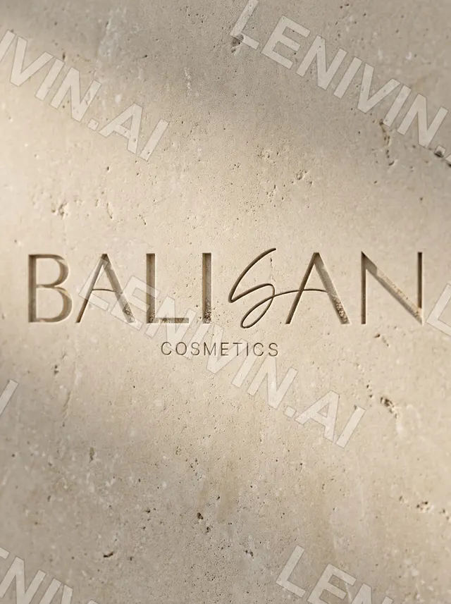 Выдавленный на камне логотип BALISAN Cosmetics на песочной поверхности