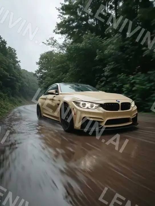Ролик: песочный седан BMW мчится по мокрой дороге через зелёный лес