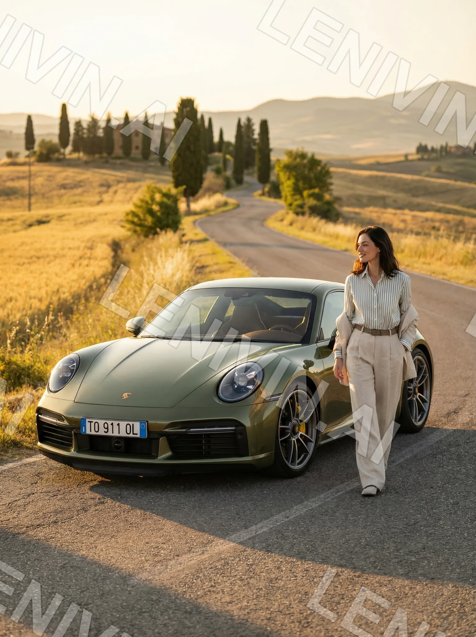Брюнетка в светлых брюках идёт рядом с оливковым Porsche по дороге среди золотых холмов