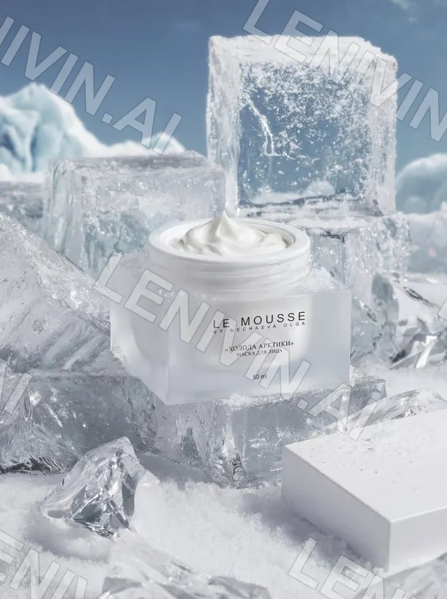 Баночка с белой маской Le Mousse «Холода Арктики» на глыбах льда, голубое небо и снег