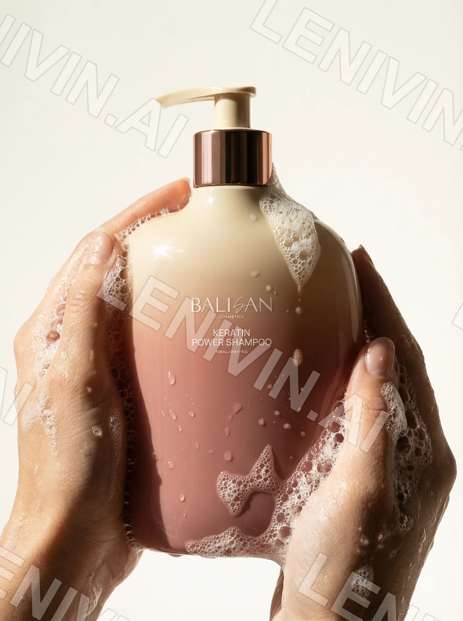Руки в мыльной пене держат флакон шампуня Balisan Keratin Power Shampoo с медной помпой, светлый фон