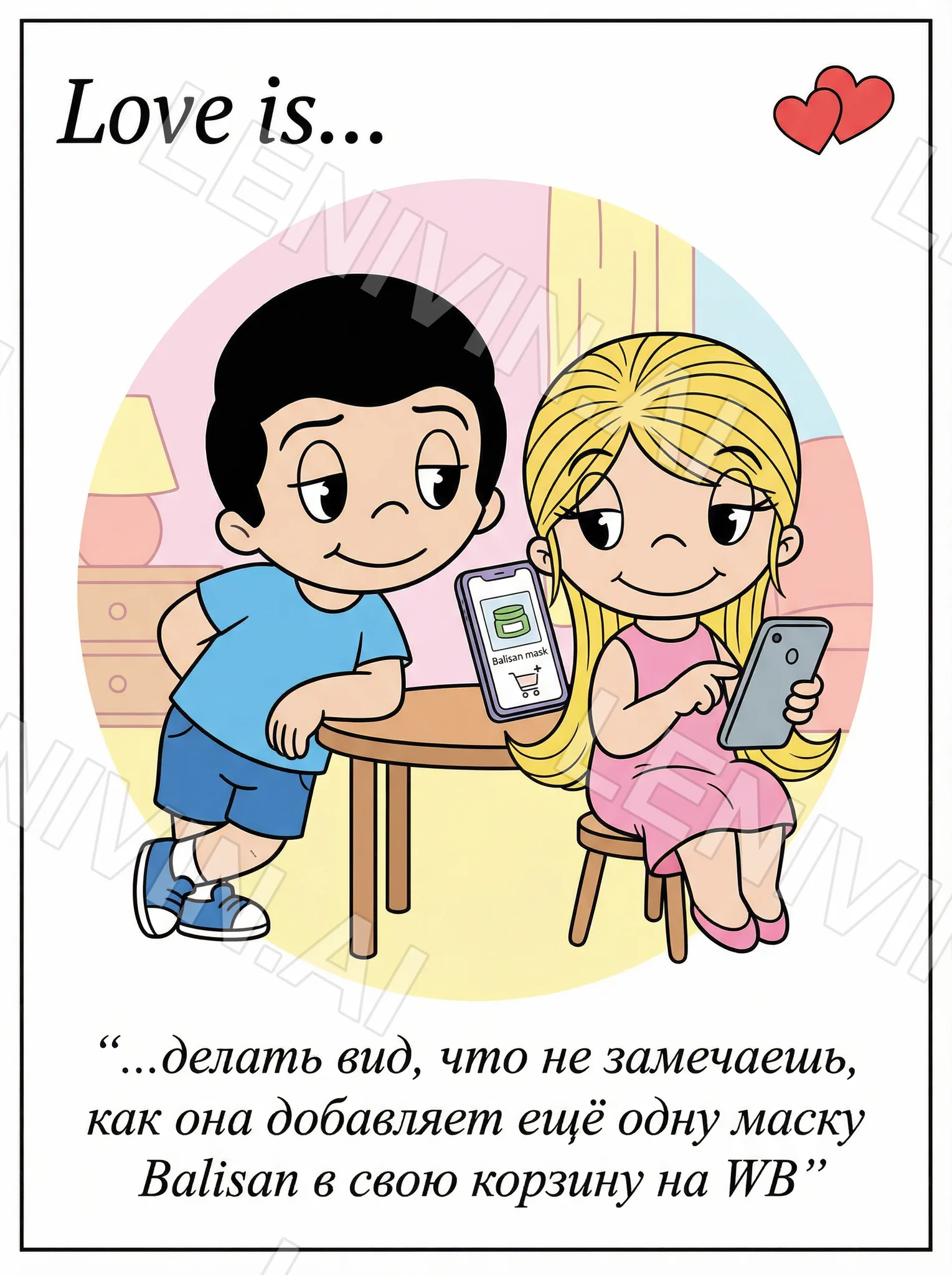 Открытка Love is: мальчик и девочка за столиком со смартфонами, подпись про маску Balisan