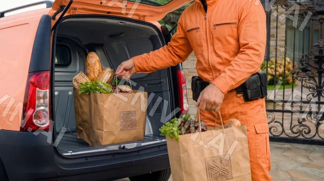 Курьер в оранжевом комбинезоне достаёт бумажные пакеты с продуктами из багажника фургона