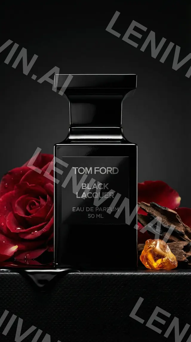 Флакон Tom Ford Black Lacquer среди красных роз и янтарного кристалла на чёрном фоне