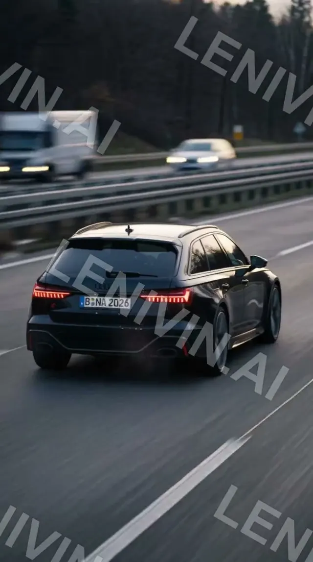 Ролик: чёрный универсал Audi едет по шоссе, размытая дорога и грузовик на фоне