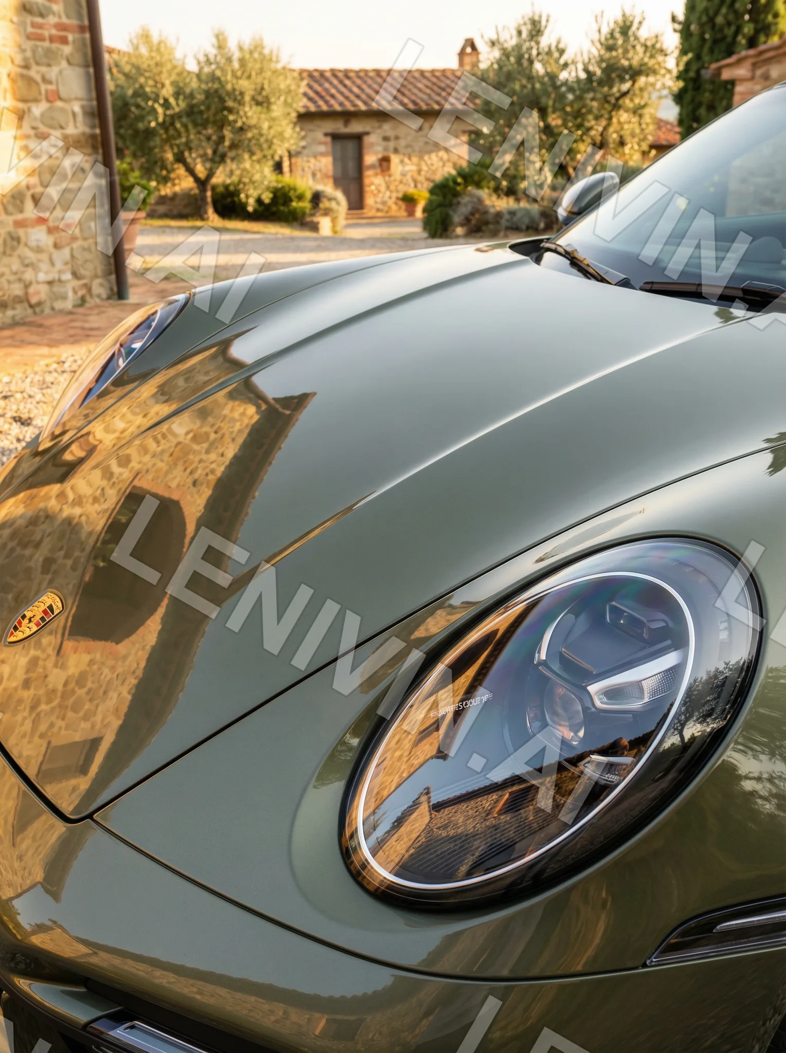 Капот и фара оливкового Porsche на фоне каменного дома