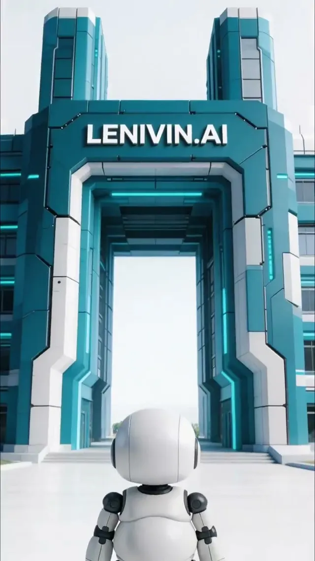 Ролик: футуристическое бирюзово-белое здание с надписью LENIVIN.AI, маленький робот перед входом