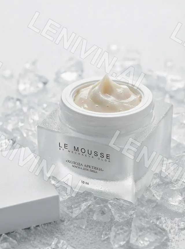 Открытая баночка крема Le Mousse с кремовой текстурой на белом кубе среди осколков льда