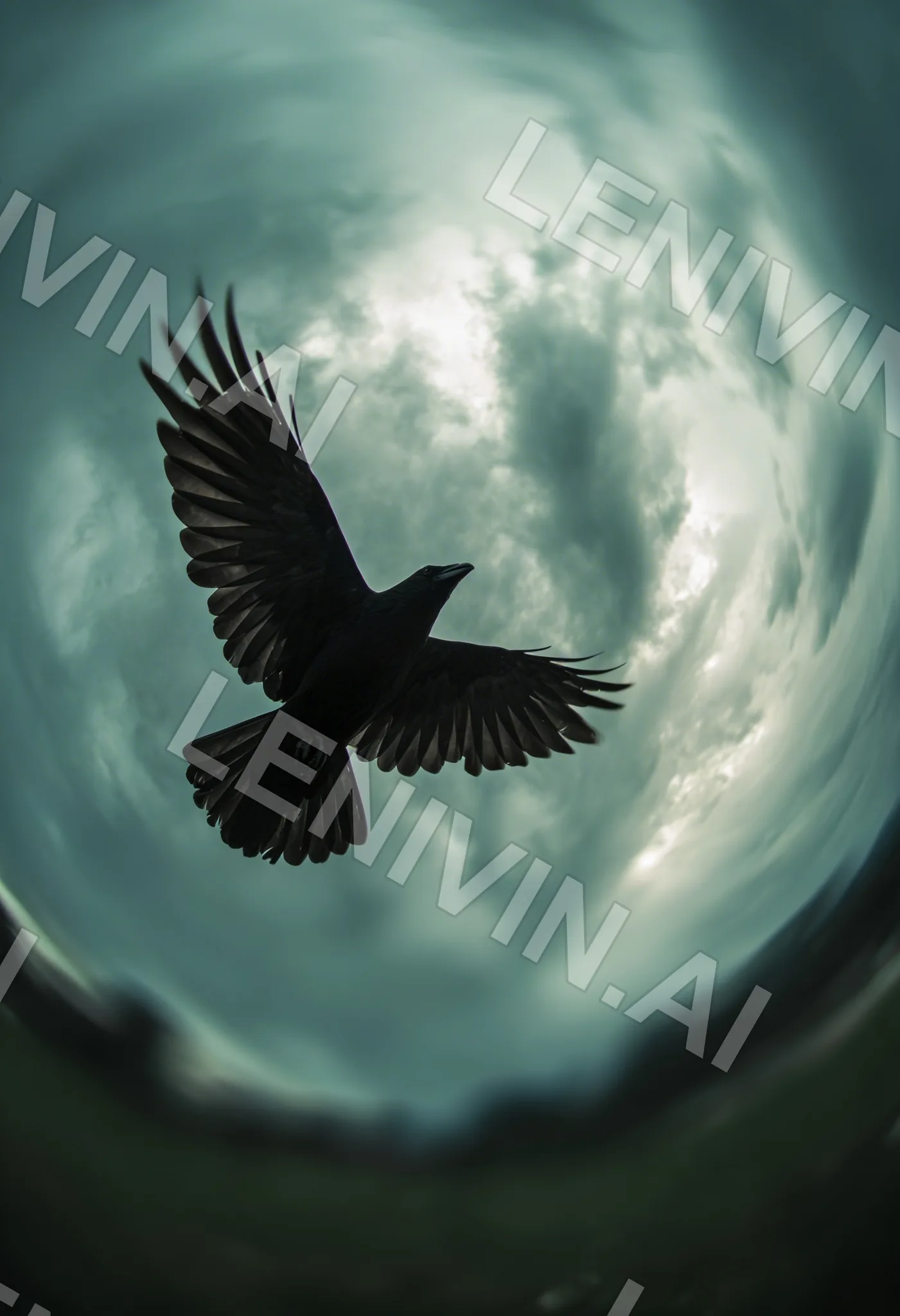 Чёрная ворона в полёте, вид снизу с эффектом «рыбий глаз» на фоне бирюзовых туч